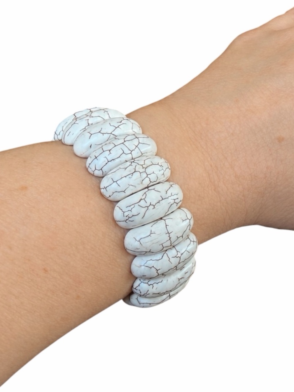 Chunky White Faux Oversized Stone Oval Beaded Stretch Bracelet Boho Western